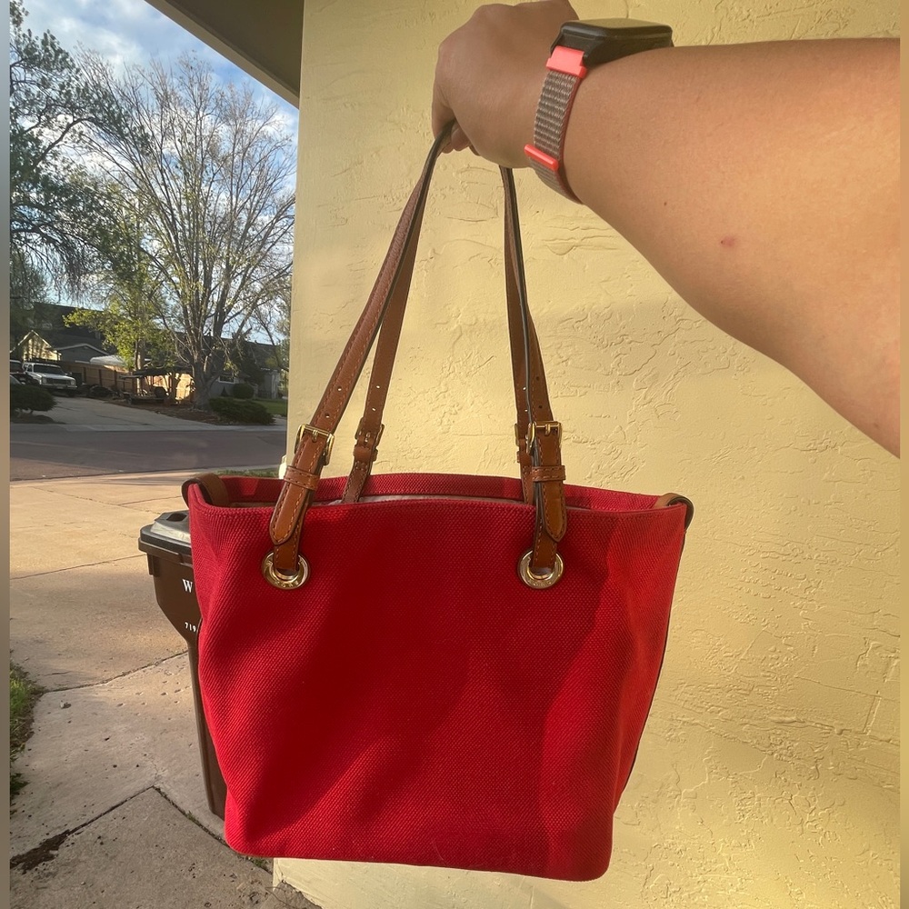 MICHAEL KORS RED CANVAS TOTE BAG WITH LEATHER TRIM
